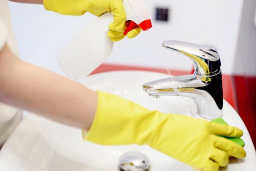 Carpet cleaning team working safely in a home environment