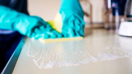 Team member handling carpet cleaning task with caution